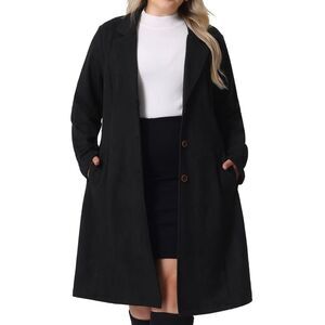 Plus Size Faux Suede Long Sleeve Pocket Trench Jacket Black